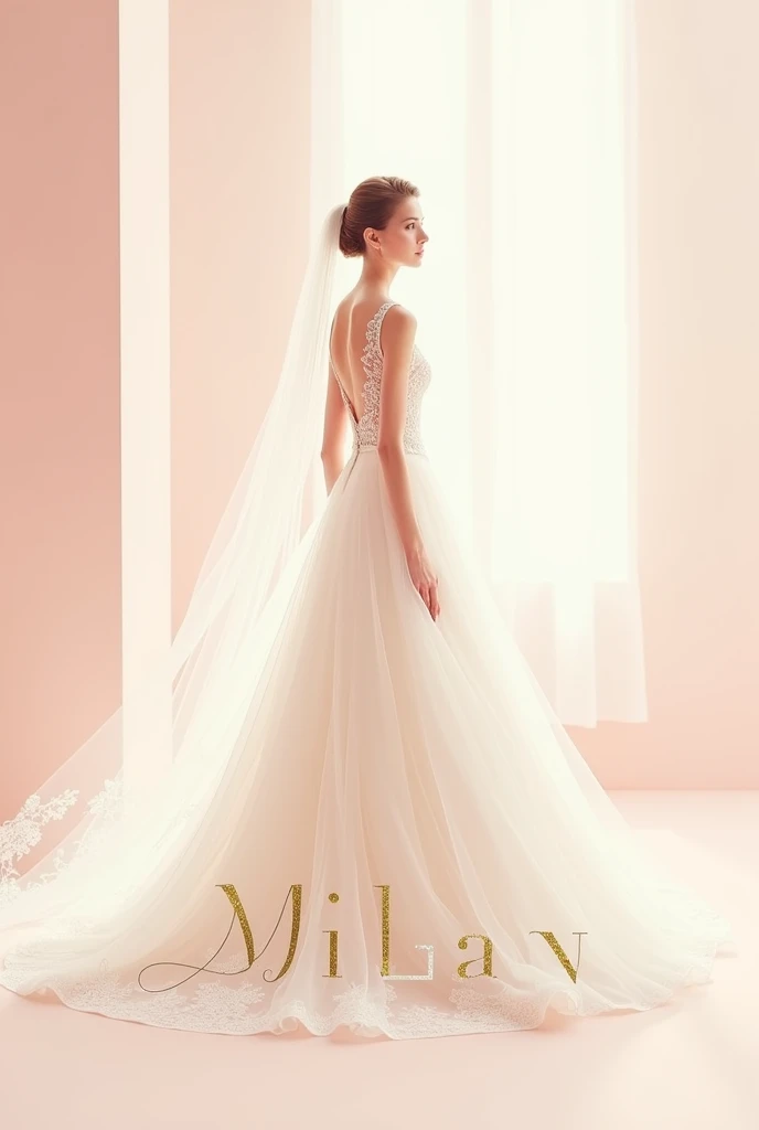 Brand “Milan”: high fashion wedding dresses logo graphic image that expresses itself through a color scheme, choosing typography and other graphic elements that reflect your brand's personality and values (You can follow the example of the 12 brand archetypes, selecting the above mentioned). The corporate image should not only be attractive to its target audience, but also consistent with the identity of the brand they have created. They must pay attention to all customer touchpoints to ensure that the brand experience is consistent and reinforces their brand identity.. accompanied by a silhouette of a bride and the name of the brand
