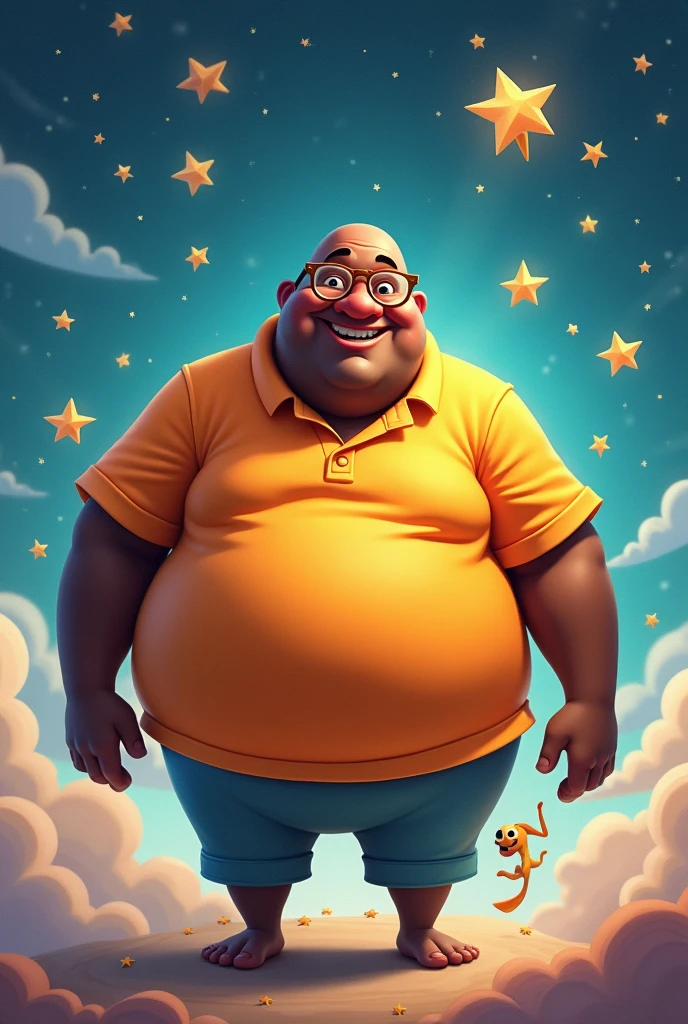 A man with the body of a half-fat celestial human, extremely dumb and foolish, he wears a polo shirt and is dark skinned, wears glasses and is bald