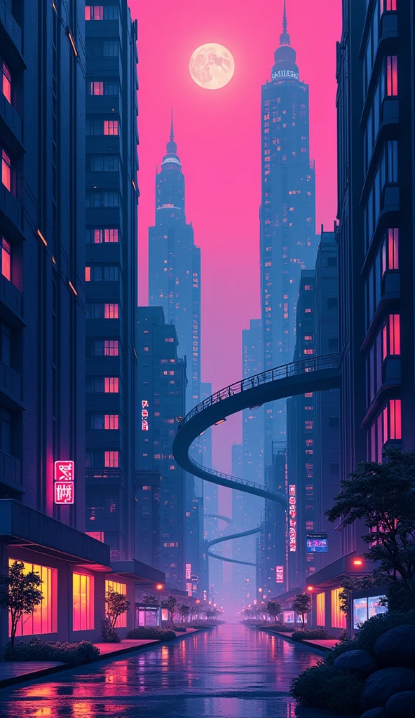 illustration of cozy futuristic city with many skyscrapers tower. The illustration is symmetrical. there is sperical building in the city. Neon color mood, moody, melancholic, vibrant color, detailed, akira --ar 16-9 --niji 6