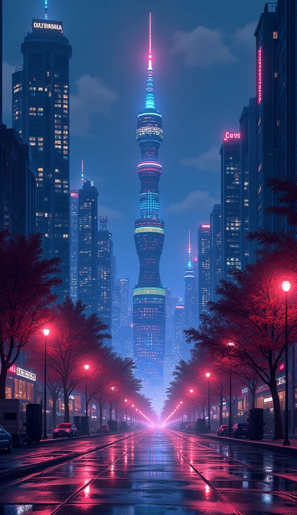 illustration of cozy futuristic city with many skyscrapers tower. The illustration is symmetrical. there is sperical building in the city. Neon color mood, moody, melancholic, vibrant color, detailed, akira --ar 16-9 --niji 6