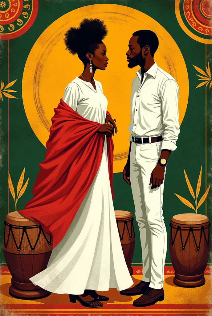 Create a label with African design (red yellow and green colors) that contains 2 silhouettes, one of a woman and one of a man, without any specific clothing, white color clothes (It has to be clothing of the Afro-Bolivian saya, This consists of a white shirt and white pants for the man and a white blouse and white skirt for the woman with a red shawl in her hand.) preferably with a drum or something representative of Afro-Bolivian culture,