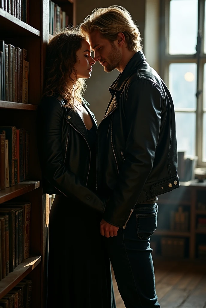 a young woman with brown curly hair, wears a black dress and a leaderjacket from the man. she is pressed against a bookshelf in a library. the man is blond hair and wears a shirt. moon is shining