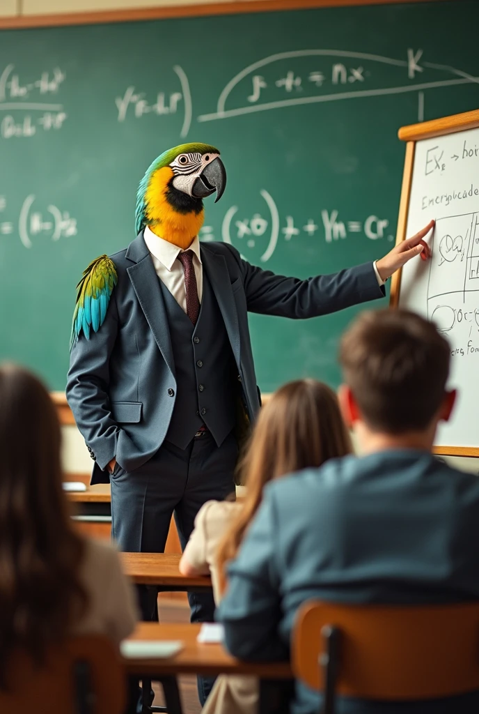 A parrot, the parrot is the teacher, He's in a suit and tie, he is a university professor and is in a classroom teaching foolish young humans. On the whiteboard there are several physics formulas