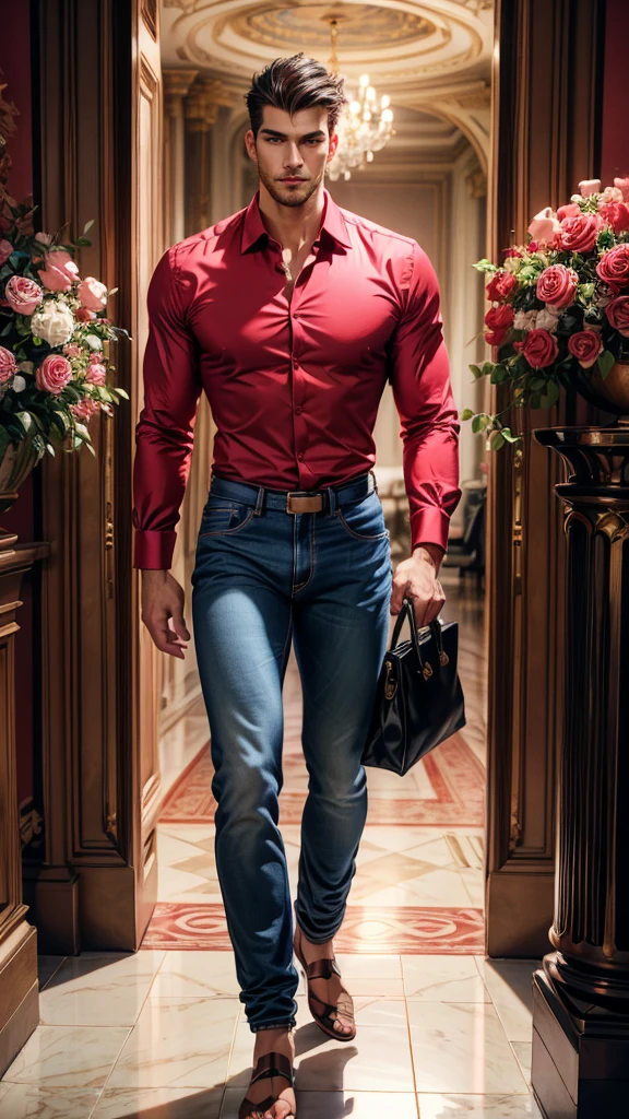 (absurdres, highres, ultra detailed), 1 male, beautiful,handsome, tall muscular guy, smooth skin, sexy gaze, mature, verious red and pink roses around him, the man is standing comfortably in the roses, from directly above, (black formal shirt, jeans), gorgeous, wet, model pose, colorful, artistic, depth of field, focus on his calm facial features, elegant look, looking at the viewers romantically,