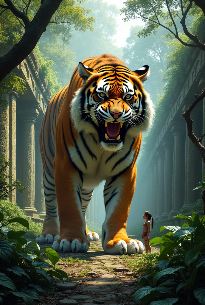 The image shows a gigantic and majestic tiger in an ancient ruined city, now taken by the jungle. The tiger has vibrant orange fur with defined black stripes that run across its lean, muscular body.. His eyes are an intense yellow, radiating an aura of ferocity and dominance. His sharp fangs are visible as he roars, with its paws firmly planted in the ground covered in leaves and roots.The surrounding landscape is an ancient city partially swallowed by vegetation., with moss-covered stone temples and vines twining around the structures. There is a human figure in one of the ruins, highlighting the ancestral presence of the tiger and the grandeur of the scenery. The atmosphere is dense and mystical, with sunlight filtering through the treetops and partially illuminating the ruins. The jungle seems alive, with creature sounds in the background, and the tiger blends perfectly into its surroundings, as a guardian of these forgotten ruins.