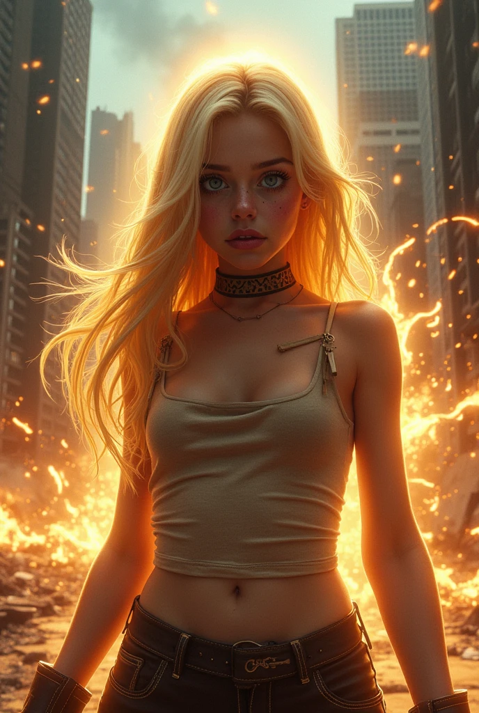 Evil teenage girl with immense power.  Blonde hair and blue eyes, glossy pink lips curled into a sadistic smile as she devastates Detroit with overwhelming energy blasts. 