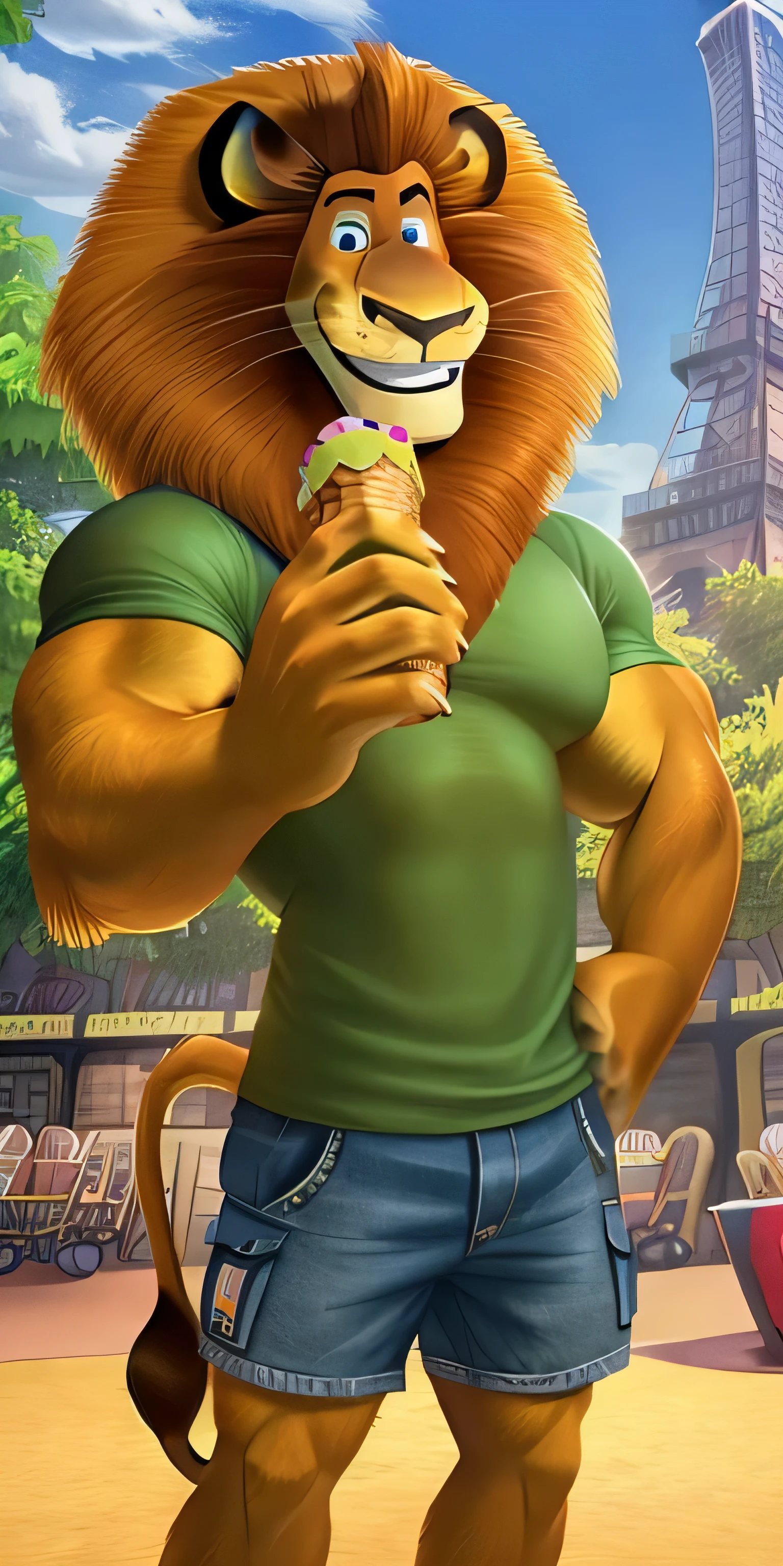 Alex the Lion, muscular body, big biceps, extremely beautiful and cute face, wears green t-shirt, a denim cargo shorts, crocs, Eiffel Tower background, eating ice cream, selfie, friendly look, smiling