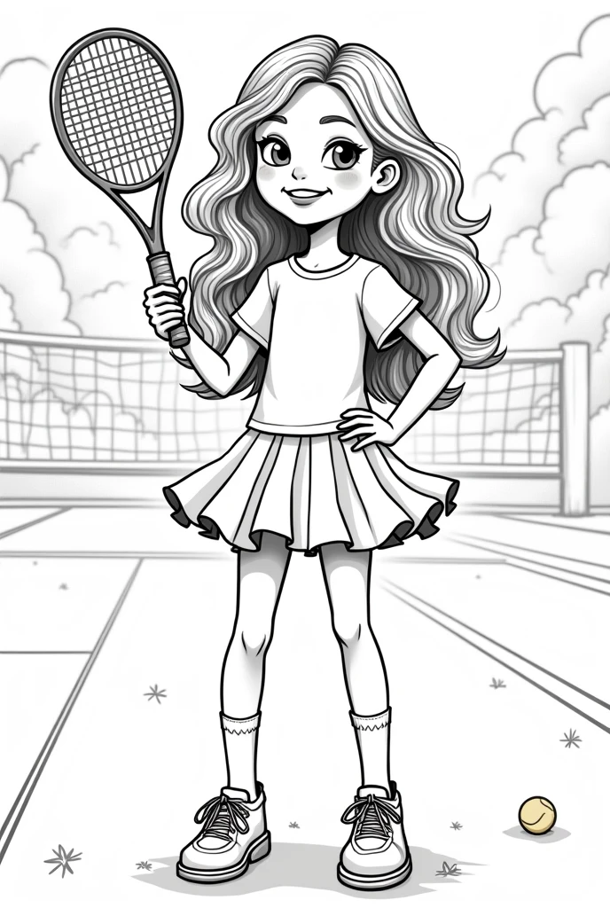 Create a black and white illustration for a children's coloring book. girl, hair, long curls;, dressed in stylish clothes, typical for Zara collections - tennis skirt, Zara T-shirt, socks, stylish tennis shoes. tennis racket in hand. Leave the clothes and background without color., so that children can color them to their liking. The background may contain elements of a tennis court.. There are many small details in the picture.. Make the image eye-catching