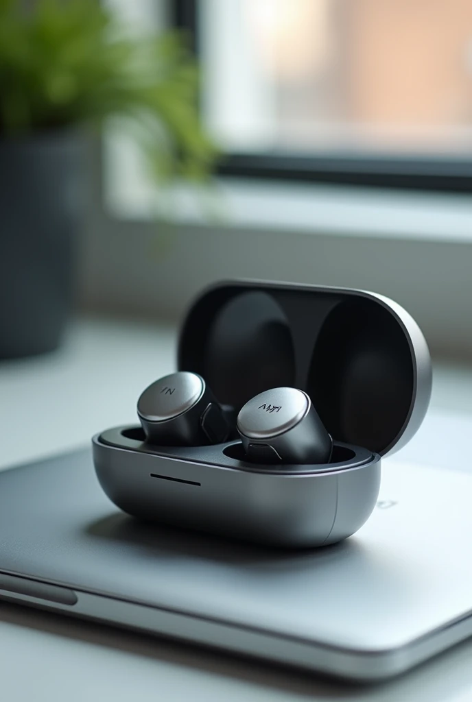 Silver bluetooth headset with charging case, with the letters ( F N ) printed in black and white