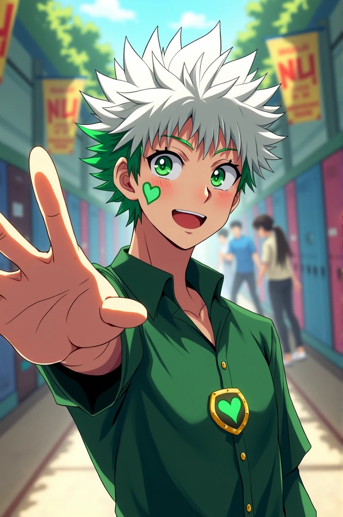 @To_byzzz:make me an oc of Boku no hero academia genre: male skin:white with a green heart tattoo on his cheek hair: white with green highlights on the front background:AU hall pose:greeting