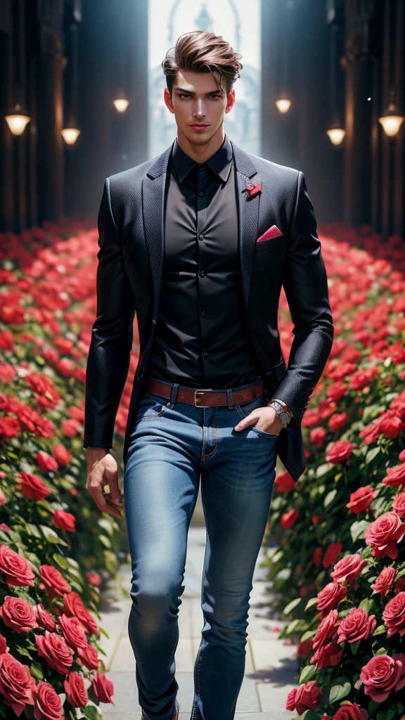 (absurdres, highres, ultra detailed), 1 male, beautiful,handsome, tall muscular guy, smooth skin, sexy gaze, mature, verious red and pink roses around him, the man is standing comfortably in the roses, from directly above, (black formal shirt, jeans), gorgeous, wet, model pose, colorful, artistic, depth of field, focus on his calm facial features, elegant look, looking at the viewers romantically,