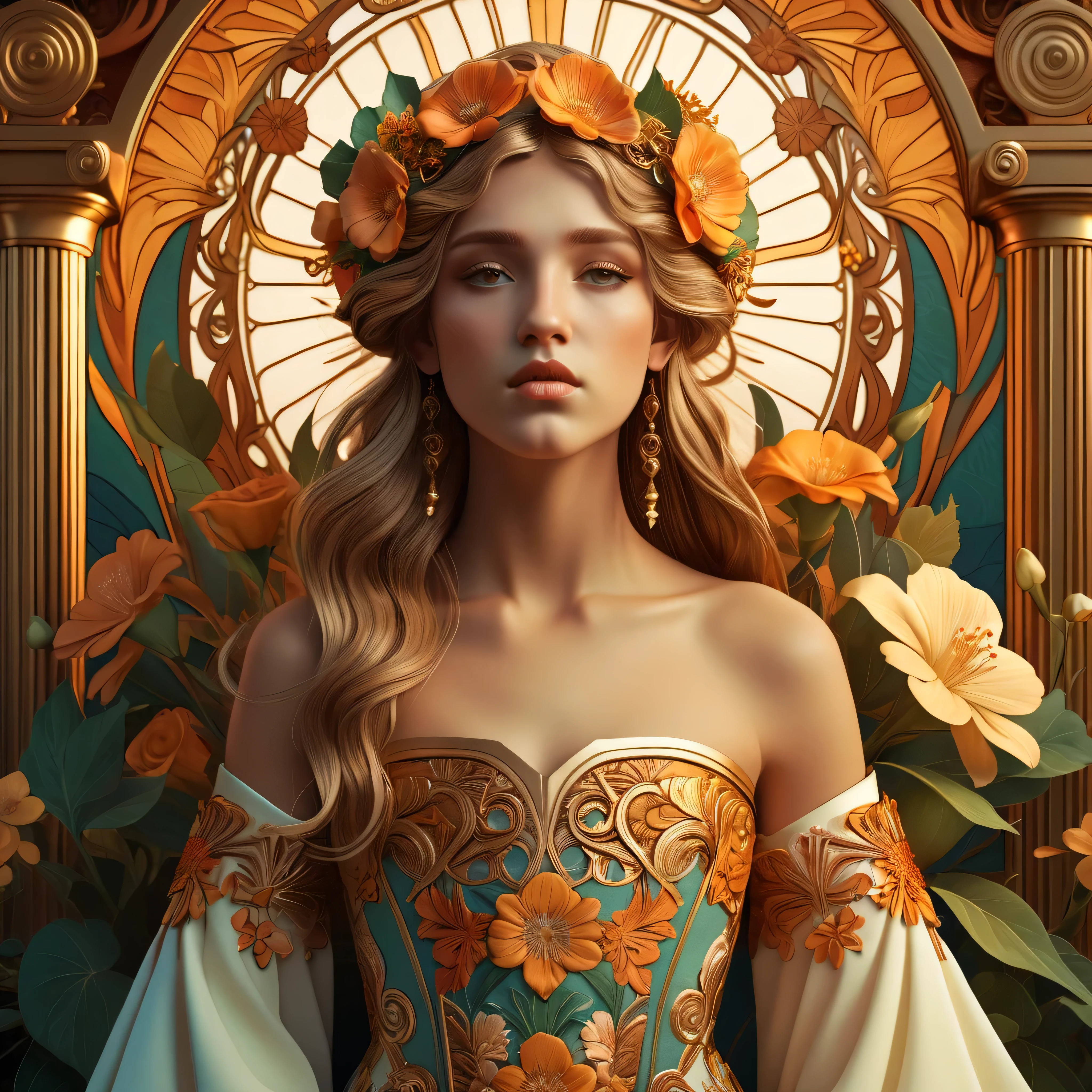 old (Masterpiece, Best Quality, Highres:1.2) Art Nouveau Style Beautiful Woman with Long Hair Shaped as Flowers in the Style of Alphonse Mucha, portrait of a beautiful cute, very beautiful, standing artistically, realistic natural, professional light distribution, very artistic lighting gradation, artistic detail, highly detailed, centered, Nymph-pattern vintage wallpaper with dramatic backlighting casting deep shadows, featuring a meticulously crafted illustration inspired by Dan Mumford and Alphonse Mucha, , realistic chest, thin build, hyper-realistic and photorealistic textures, extremely detailed with intricate floral and foliage elements, octane rendered in 8K (extremely detailed 8k wallpaper), Golden ratio, hidden ancient Greek symbols (, Spiral), balanced design, color harmony, Vernis Martin, golden, ancient mythology, artistically twisted edges, reminiscent of old-world craftsmanship with a contemporary edge, volumetric lighting, ultra fine details, floral, .Roman clothing. She wears a Strapless dress, Roman dress, Open Chest and elegant embroidery, Oriental accessories.