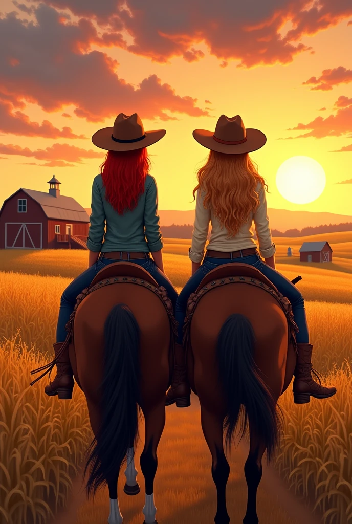image of two friends each on top of a brown horse one friend is a redhead with straight hair, black eyes and white skin the other is brunette and has black wavy hair with blonde tips and brown skin black eyes both must be dressed as cowboys they must be facing away from each other on top of the horse looking at the sunset on the farm the image must be in a realistic drawing