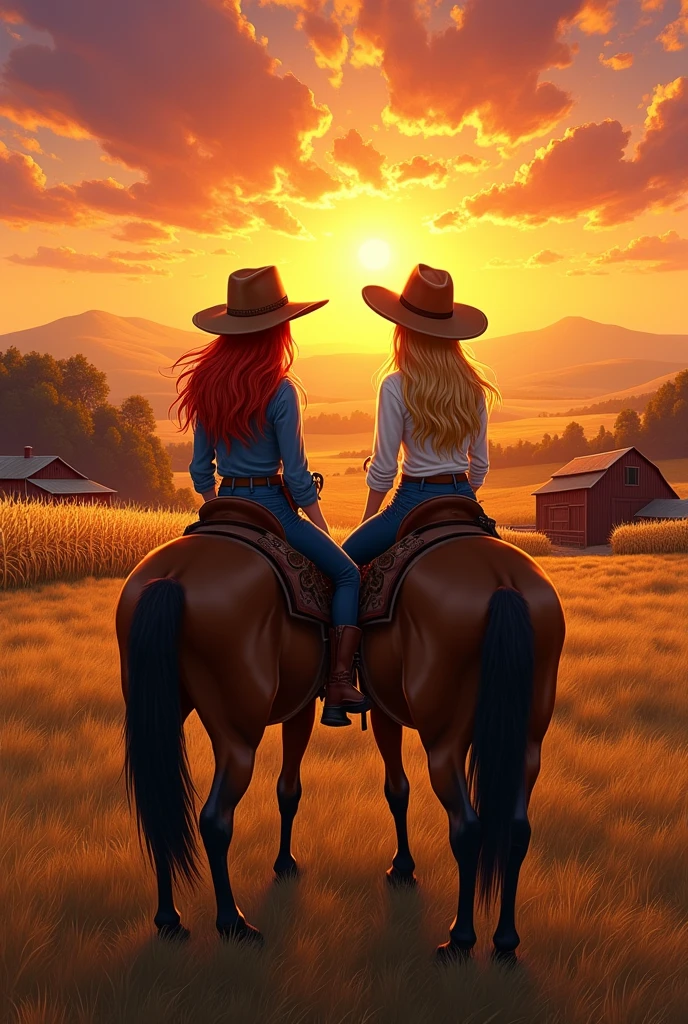image of two friends each on top of a brown horse one friend is a redhead with straight hair, black eyes and white skin the other is brunette and has black wavy hair with blonde tips and brown skin black eyes both must be dressed as cowboys they must be facing away from each other on top of the horse looking at the sunset on the farm the image must be in a realistic drawing

