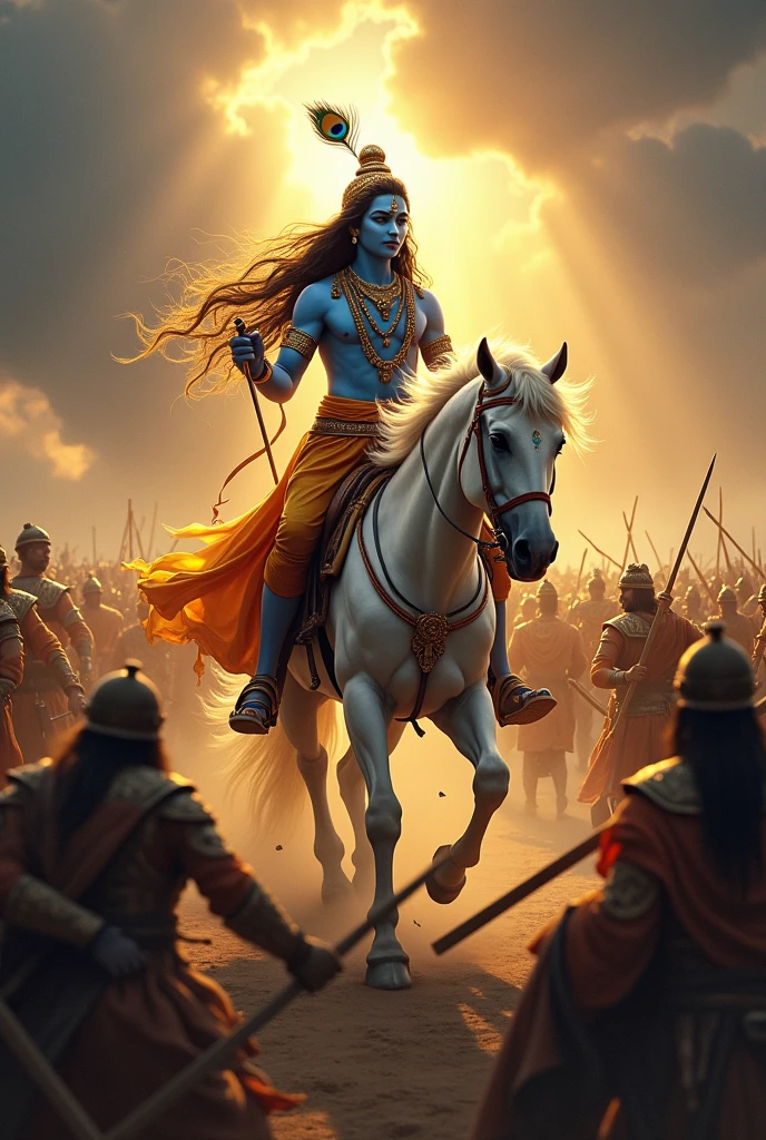Lord Krishna with peacock feather in his hair and Mahabharata Yudh on white horse