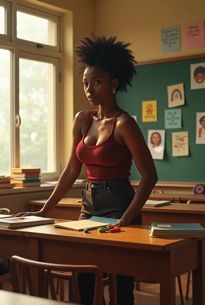 Realistic photo of big brealack woman in a classroom