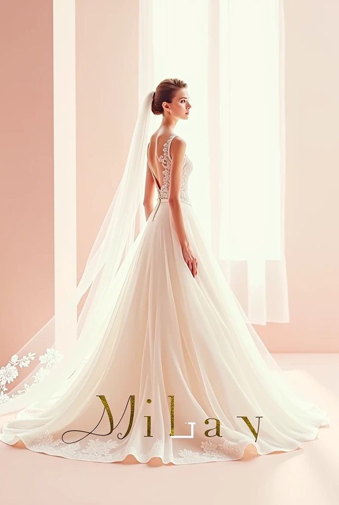 Brand “Milan”: high fashion wedding dresses logo graphic image that expresses itself through a color scheme, choosing typography and other graphic elements that reflect your brand&#39;s personality and values (You can follow the example of the 12 brand archetypes, selecting the above mentioned). The corporate image should not only be attractive to its target audience, but also consistent with the identity of the brand they have created. They must pay attention to all customer touchpoints to ensure that the brand experience is consistent and reinforces their brand identity.. accompanied by a silhouette of a bride and the name of the brand
