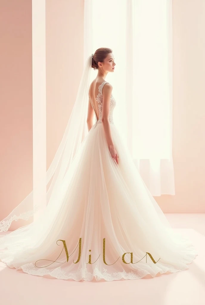 Brand “Milan”: high fashion wedding dresses logo graphic image that expresses itself through a color scheme, choosing typography and other graphic elements that reflect your brand's personality and values (You can follow the example of the 12 brand archetypes, selecting the above mentioned). The corporate image should not only be attractive to its target audience, but also consistent with the identity of the brand they have created. They must pay attention to all customer touchpoints to ensure that the brand experience is consistent and reinforces their brand identity.. accompanied by a silhouette of a bride and the name of the brand