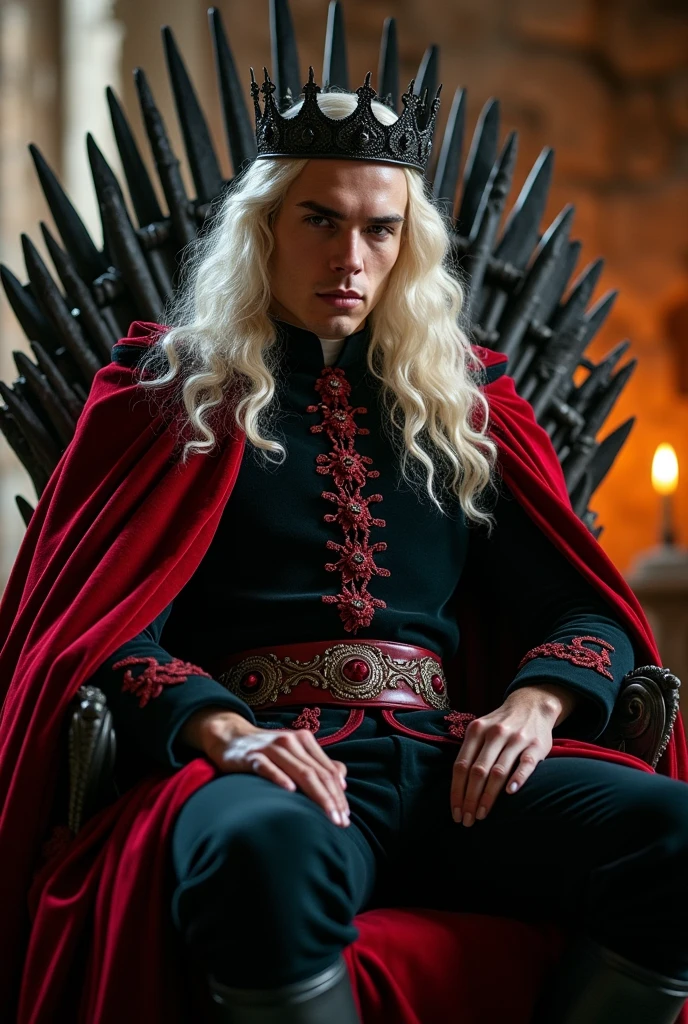 A handsome Aesthetic Targaryen Prince with long curly platinum blonde hair, he's wearing a royal black velvet prince outfit with red details and red cloak, he's wearing a black iron Crown, He's sitting on the iron throne 