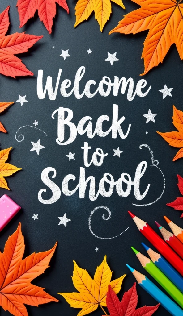 A chalkboard background with colorful chalk drawings of autumn leaves, school supplies, and the phrase "Welcome Back to School," perfect for a first of September theme