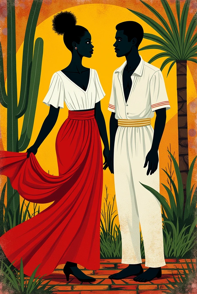 Create a label with African design (red yellow and green colors) that contains 2 silhouettes, one of a woman and one of a man, without any specific clothing, white color clothes (It has to be clothing of the Afro-Bolivian saya, This consists of a white shirt and white pants for the man and a white blouse and white skirt for the woman with a red shawl in her hand.) that preferably has something representative of Afro-Bolivian culture, most drawn