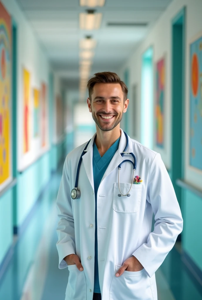 A smiling doctor or nurse with a stethoscope around his or her neck