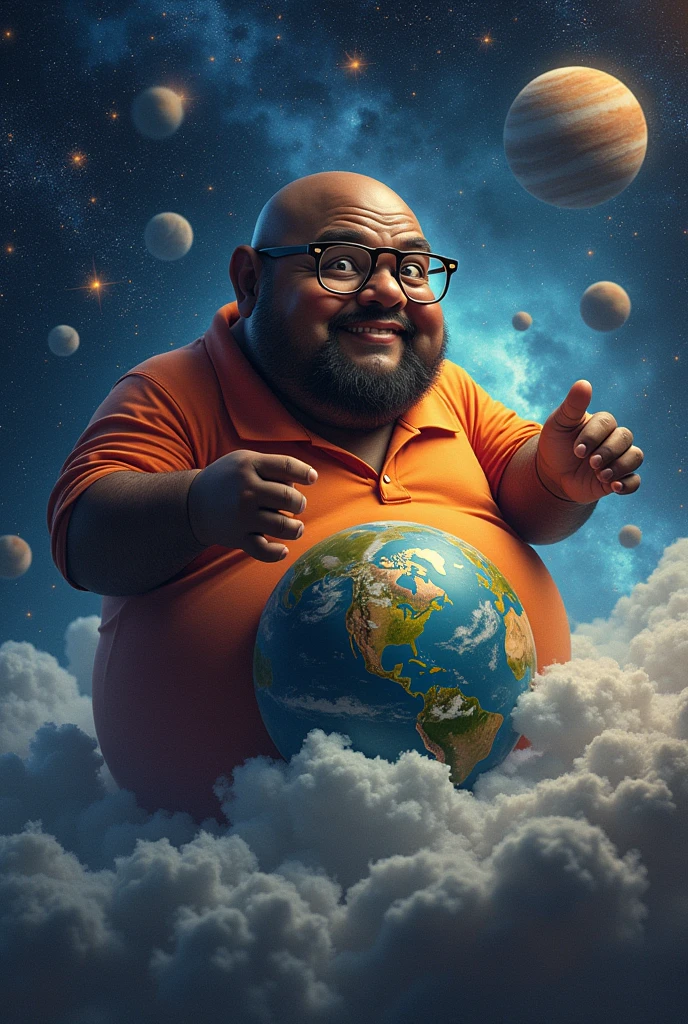 A man with the body of a half-fat celestial human, extremely dumb and foolish, he wears a polo shirt and is dark skinned, wears glasses and is bald and he is in space creating planet earth