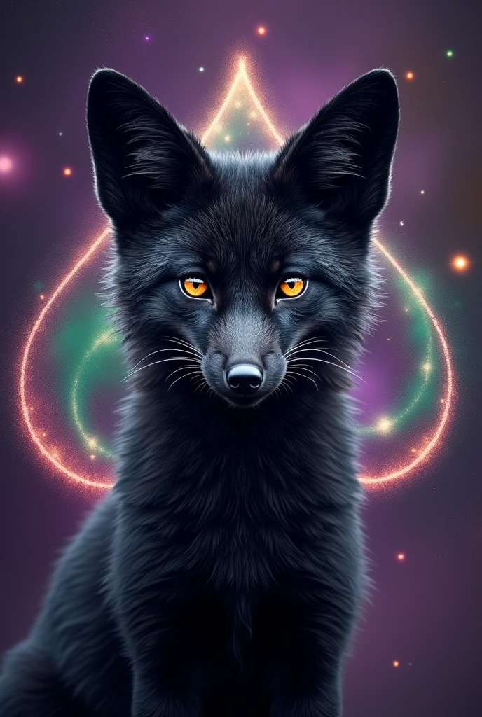 Also々Black furred fox face facing forward。A background that gives a sense of infinity and space。Includes a large spade motif。purple base with green accents