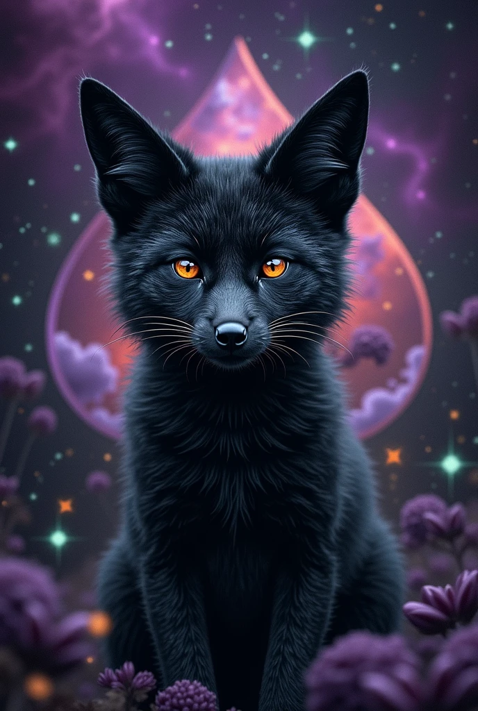 Also々Black furred fox face facing forward。A background that gives a sense of infinity and space。Includes a large spade motif。purple base with green accents