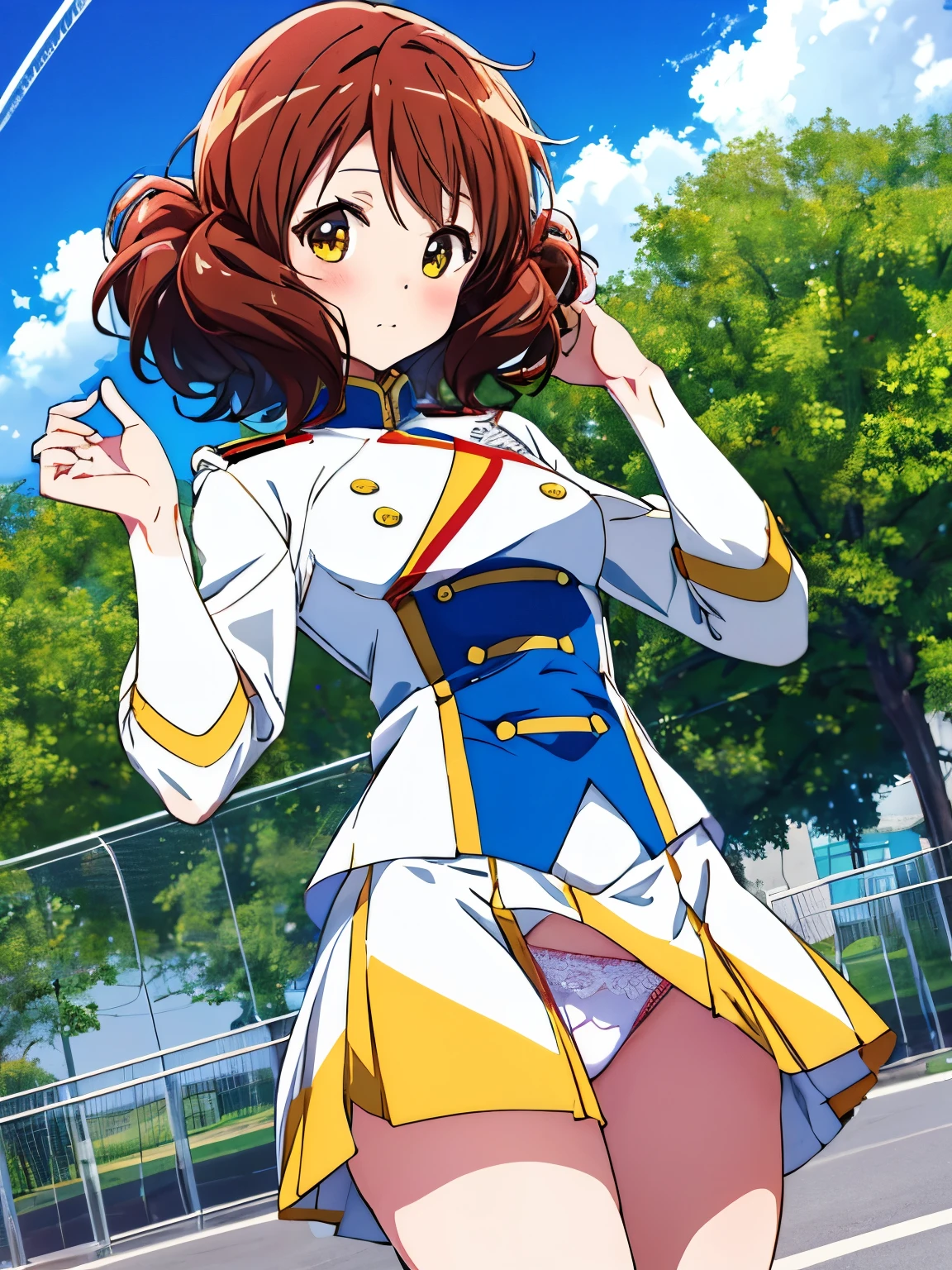 1 person,Cowboy Shot,Skirt flip,White lace panties,High quality anime、High resolution, Kumiko、Tabletop,band uniform,sunfes marching band uniform,[3D Images:1.5],[[Attractive eyes,Detailed eyes、Shining Eyes, Colorful eyes:1.15],whole、Looking at the audience,8k images,Cute anime, (Perfect hands, Perfect Anatomy),