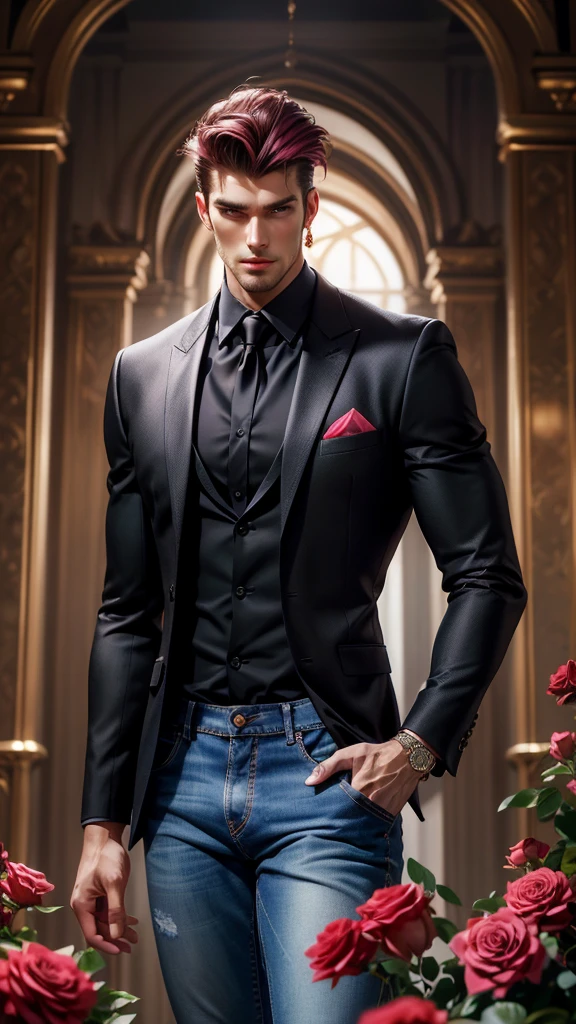 (absurdres, highres, ultra detailed), 1 male, beautiful,handsome, tall muscular guy, smooth skin, sexy gaze, mature, verious red and pink roses around him, the man is standing comfortably in the roses, from directly above, (black formal shirt, jeans), gorgeous, wet, model pose, colorful, artistic, depth of field, focus on his calm facial features, elegant look, looking at the viewers romantically,