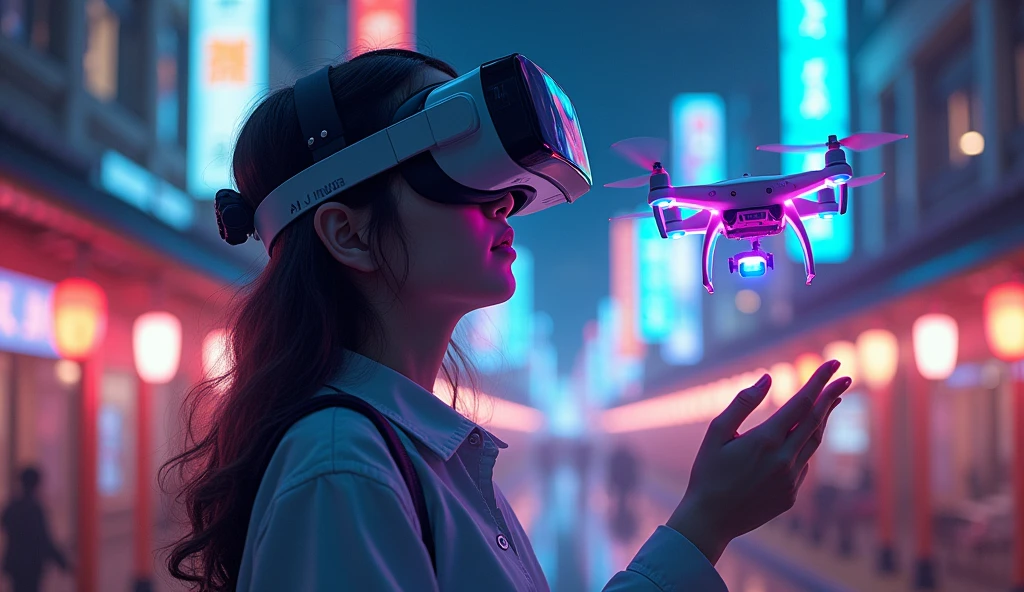 night background,(Girl wears VR,Control the drone to fly,AR drawing anime characters,Take pictures to record it, Oriental elements),(Chinese illustration:1.3,paper art:1.3, Quilted paper art:1.2),( reasonable design, Clear lines, High sharpness,Best quality, Very detailed, Masterpiece, movie light effect, 4K )