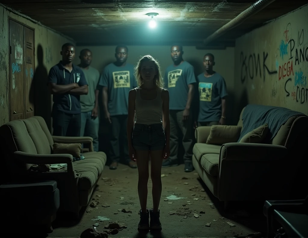 anxious white teenage girl in the middle of several blackman. Messy basement.