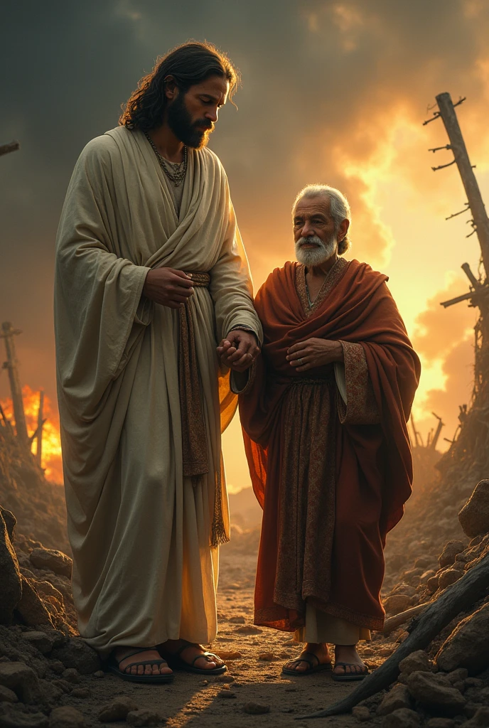Jesus Christ holding a Brazilian man in period clothing, who can&#39;t walk . In a chaotic and apocalyptic scenario. Jesus holds him by the hand helping the Brazilian to walk.