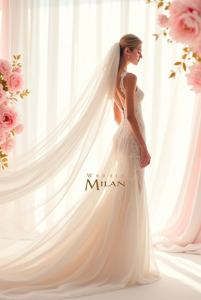Brand “Milan”: high fashion wedding dresses logo graphic image that expresses itself through a color scheme, choosing typography and other graphic elements that reflect your brand's personality and values (You can follow the example of the 12 brand archetypes, selecting the above mentioned). The corporate image should not only be attractive to its target audience, but also consistent with the identity of the brand they have created. They must pay attention to all customer touchpoints to ensure that the brand experience is consistent and reinforces their brand identity.. accompanied by a silhouette of a bride and the name of the brand, in which the name is seen more than the silhouette