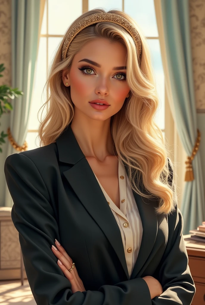 (masterpiece, best quality:1.5), highest quality, High resolution, super detailed, Realists, Full body photo of a blonde 22 year old woman, detailed and beautiful eyes, beautiful detailed lips, very detailed eyes and face, longeyelashes, 22-year-old woman in office outfit, Beautiful and colorful makeup, elegant and noble々Pose,shiny satin headband,, Office as background, bright daylight, bright colors, fine brushstrokes, Portrait style, beautiful color palette, glowing skin, First-class rendering, that captures every detail, enchanting atmosphere, (perfect anatomy:1.2), (The stunning woman wears a suit with skirt,magnificent panorama view:1.2)