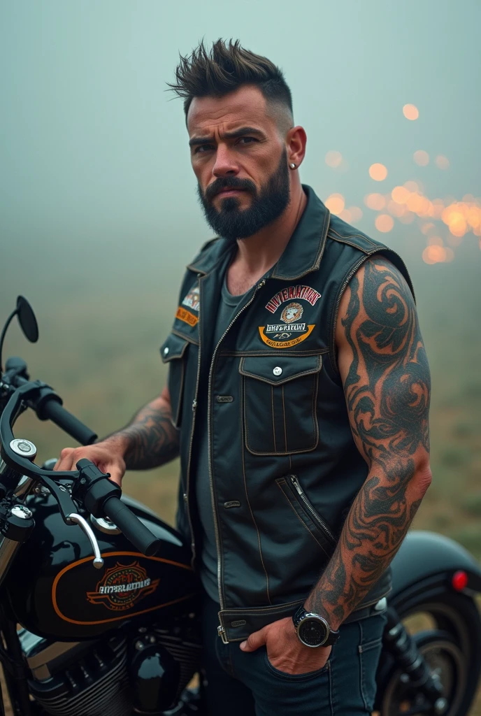 A white man, straight short hair, with a short beard, wearing a motorcycle club vest, with a Maori style tattoo on his arm and a BigTrail motorbike by his side. in the background a dense fog with an atmosphere of fire sparks. The name of the Motorcycle Club on the man's card is "Hyperactive's"