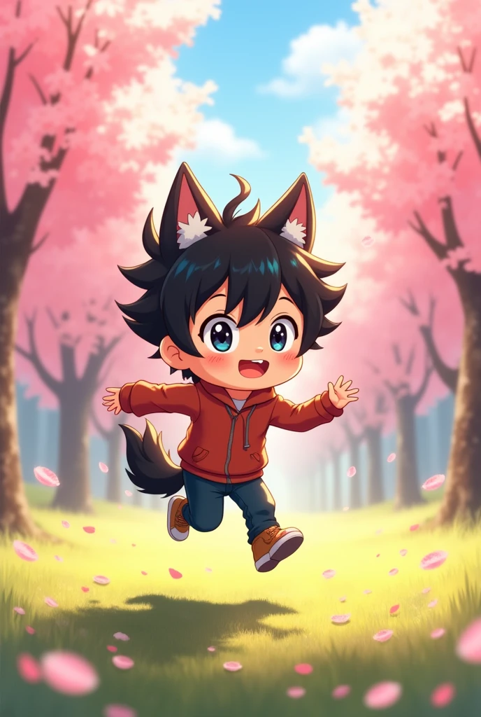 Create an image, of a black-haired boy, with dog ears and tail. anime style