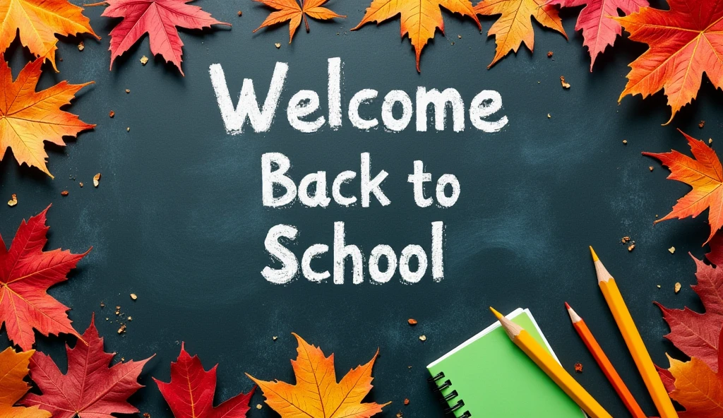 A chalkboard background with colorful chalk drawings of autumn leaves, school supplies, and the phrase "Welcome Back to School," perfect for a first of September theme