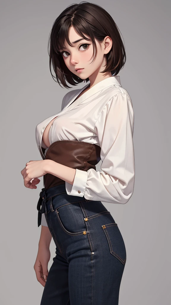 (((masterpiece, best quality, ultra highres, 1 girl, solo, no background))), super detailed skin and face and eyes and finger, beautiful japanese woman, small breasts:1.5, skinny, light brown hair, very short pixie hair, cowboy shot, white background, boyish, expressionless, Various clothes, Various poses, Please draw the entire character within the frame, ensuring that the head, arms and legs are not cut off, with the character positioned centrally, female genitals visible through tight clothing, nipple,