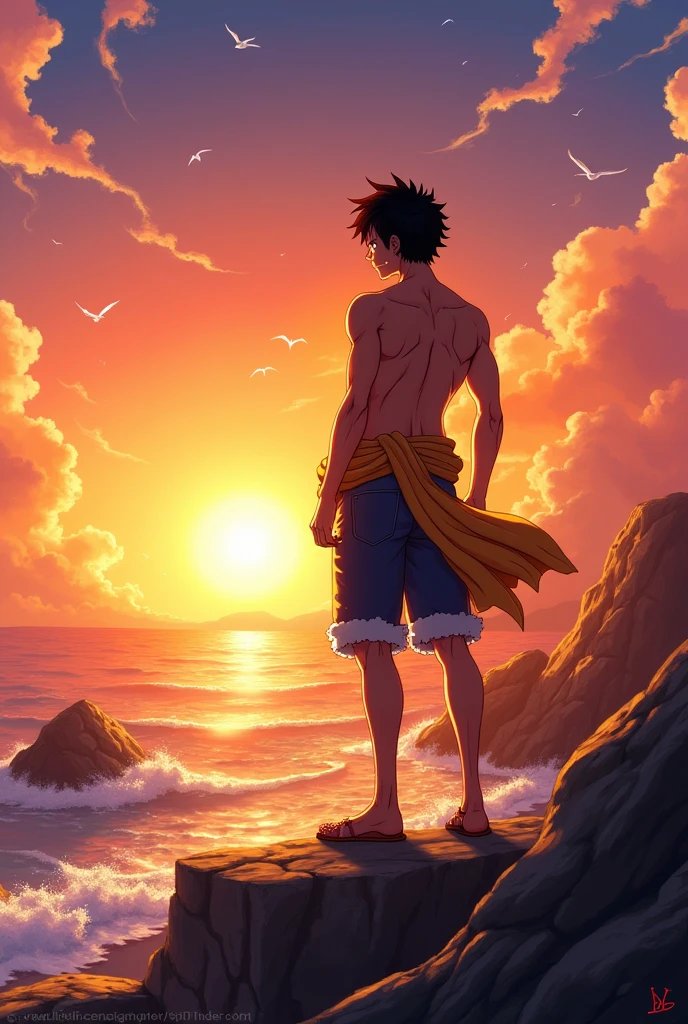 Luffy in a sunset without wearing a hat or shirt with a fully defined body
