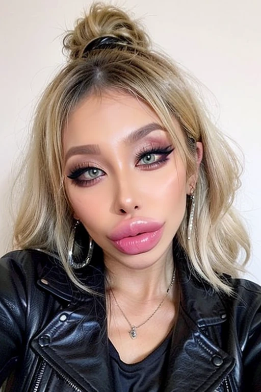 1 girl, simple background, Beautiful face, blonde hair, Cute, bimbolips, huge dimples on the lips, cheekbones, selfie, bang, high ponytail, blonde, Eyeliner, eyeshadow, in room, one hand selfie, necklace, earrings rings, head tilt, in a leather jacket