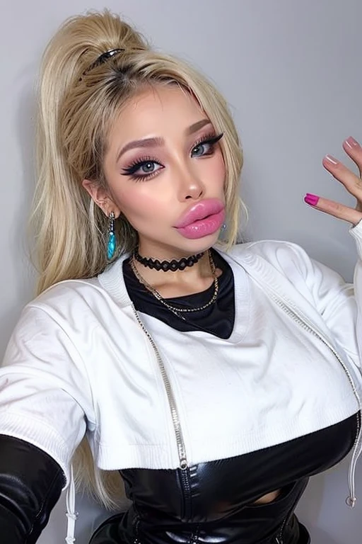 1 girl, simple background, Beautiful face, blonde hair, Cute, bimbolips, huge dimples on the lips, cheekbones, selfie, bang, high ponytail, blonde, Eyeliner, eyeshadow, in room, one hand selfie, necklace, earrings rings, head tilt, in a leather jacket