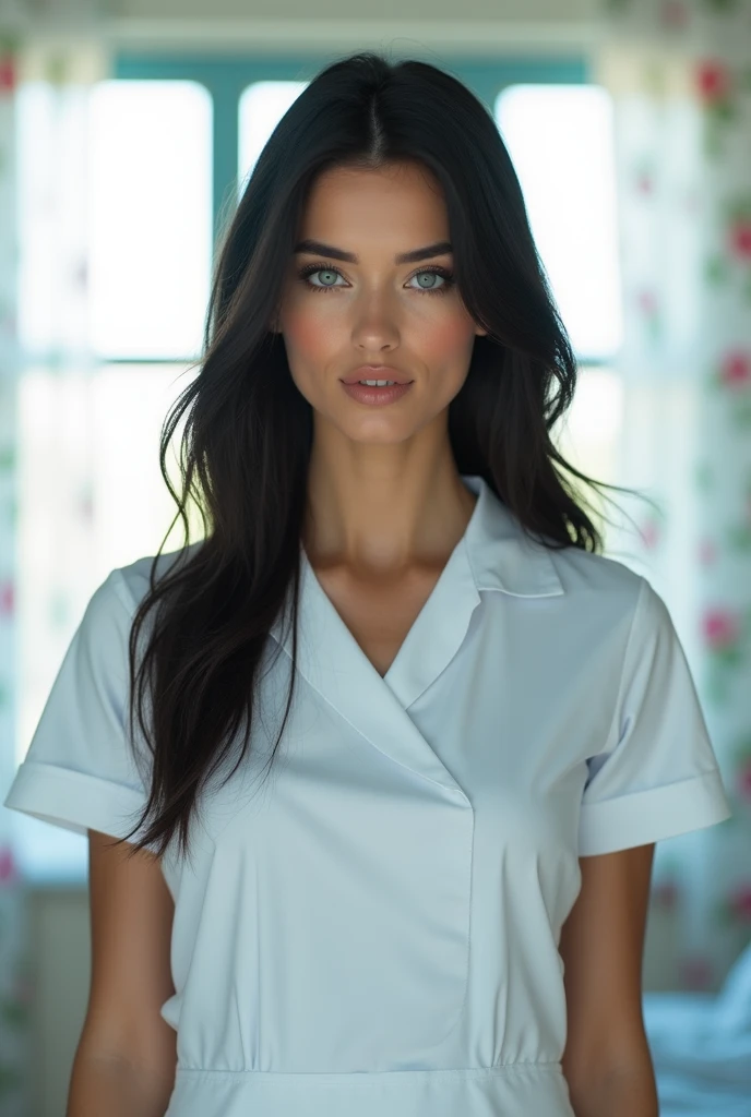 Girl with long hair, black in color, blue colored eyes. with huge breasts, slim with hips and ass, no belly. dressed as a nurse