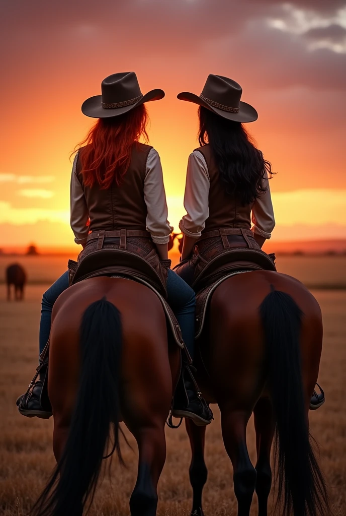 image of two friends each on top of a brown horse one friend is a redhead with straight hair, black eyes and white skin the other is brunette and has black wavy hair and brown skin black eyes both must be dressed as cowboys they must be facing away from each other on top of the horse looking at the sunset on the farm the image must be in a realistic drawing