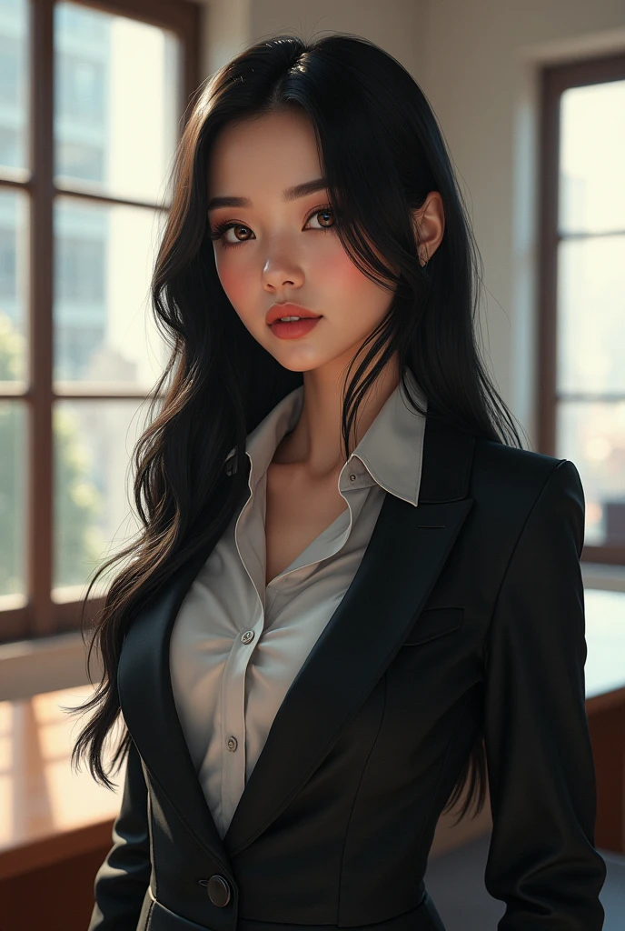 (masterpiece, best quality:1.5), highest quality, High resolution, super detailed, Realists, Full body photo of a black-haired 22-year-old woman, detailed and beautiful eyes, beautiful detailed lips, very detailed eyes and face, longeyelashes, 22-year-old woman in office outfit, Beautiful and colorful makeup, elegant and noble々Pose,shiny satin headband,, Office as background, bright daylight, bright colors, fine brushstrokes, Portrait style, beautiful color palette, glowing skin, First-class rendering, that captures every detail, enchanting atmosphere, (perfect anatomy:1.2), (The stunning woman wears a suit with skirt,magnificent panorama view:1.2)