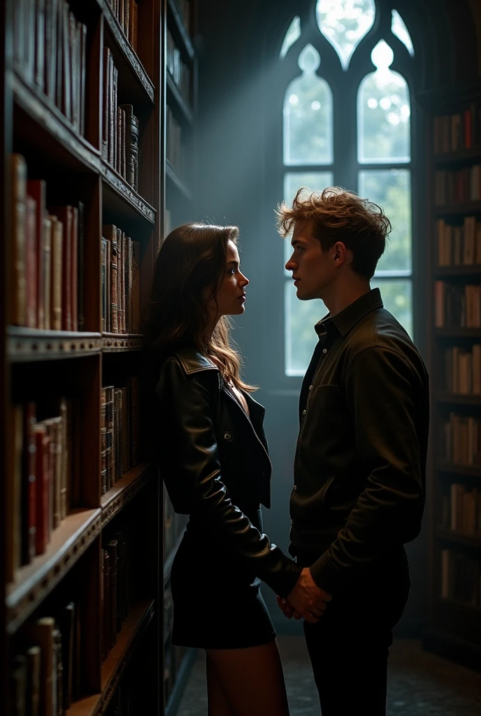 a young woman with brown curly hair, wears a black dress and a leaderjacket from the man. she is pressed against a bookshelf in a library. the man is blond hair and wears a shirt. moon is shining throw a window. it is really dark in there