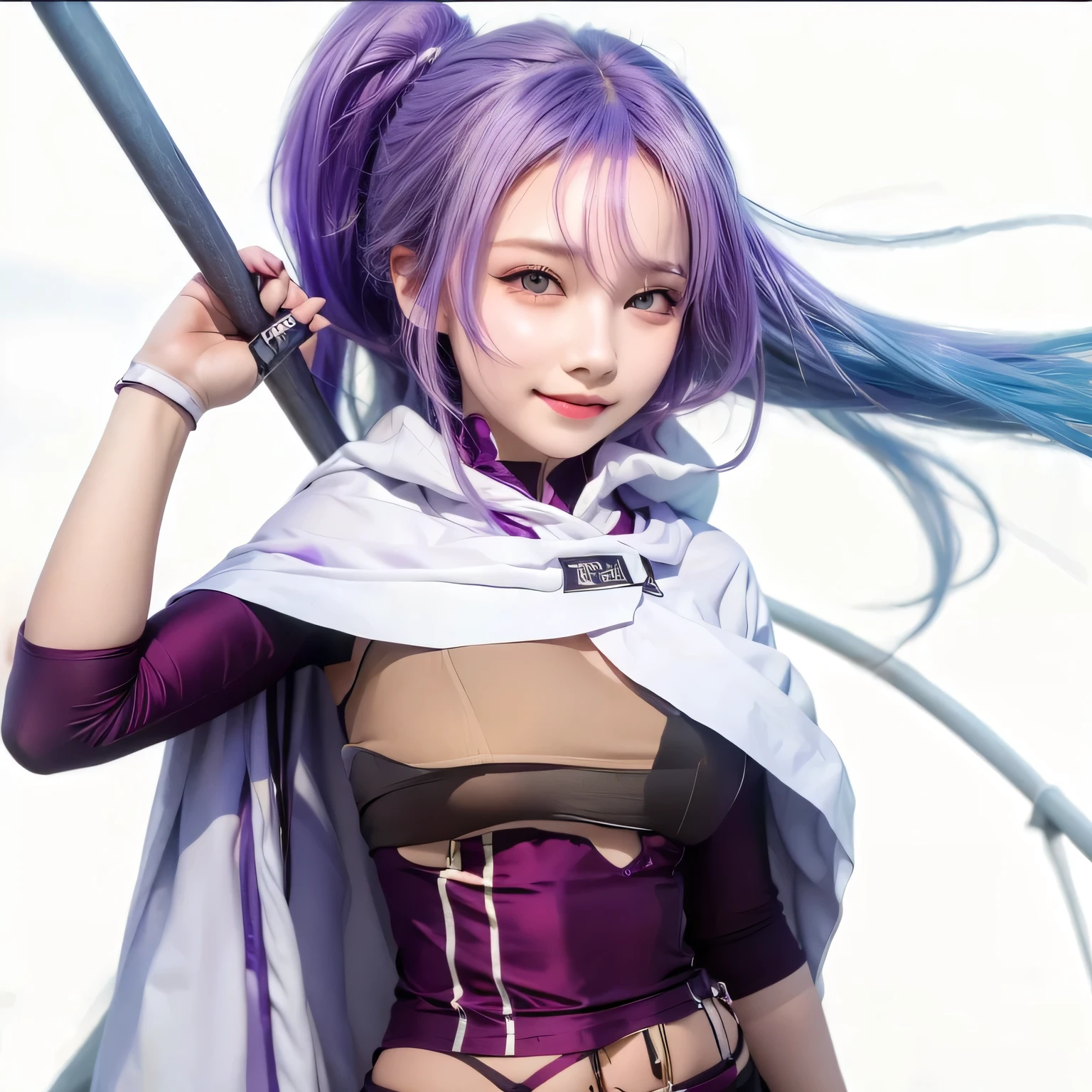 Purple hair, masterpiece, best quality, CG, wallpaper, HDR, high quality, high-definition, extremely detailed, smile, cute girl, ultra realistic, realistic eyes, ultra detail, 70 mm lens