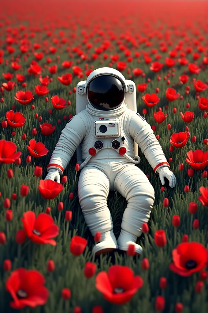 astronaut lying in a field of red flowers