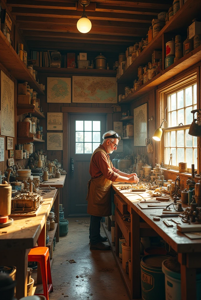 the interior of a cabin crammed with work benches and tables, cupboards filled with materials to build things, with 3-D models of buildings, blueprints and old war maps on the tables